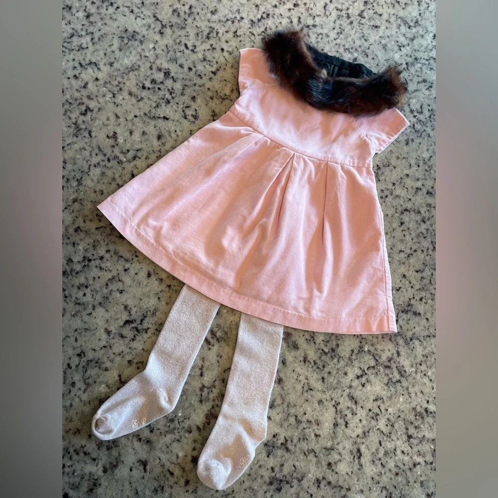 Baby gap Pink cotton Corduroy Dress with sparkle tights and genuine fur collar